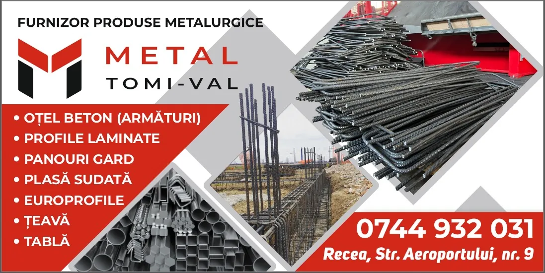 Banner Metal Tomi-Val, furnizor de produse metalurgice: oțel beton (armături), profile laminate, panouri gard, plasă sudată, europrofile, țeavă și tablă. Telefon 0744 932 031, Recea, Str. Aeroportului nr. 9.
